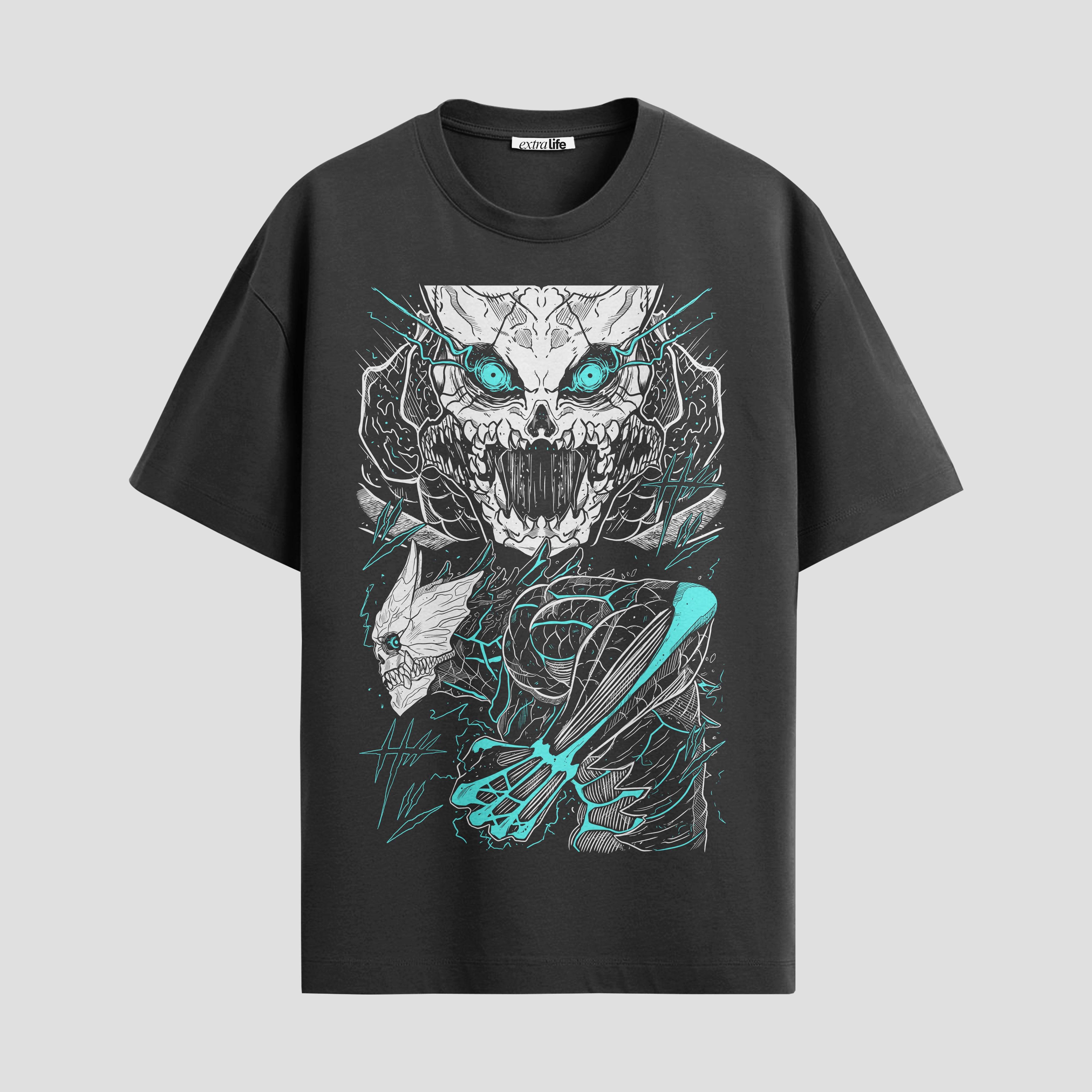 Playera urbana de anime y gaming ExtraLife MX, corte Standard Fit unisex ligero y transpirable en color Deep Black y Pure White, ropa de uso diario para gym y casual.