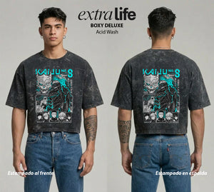 Playera streetwear premium de anime y gaming ExtraLife MX, corte boxy deluxe mineral wash heavyweight en color Acid Wash, moda urbana mexicana de culto.