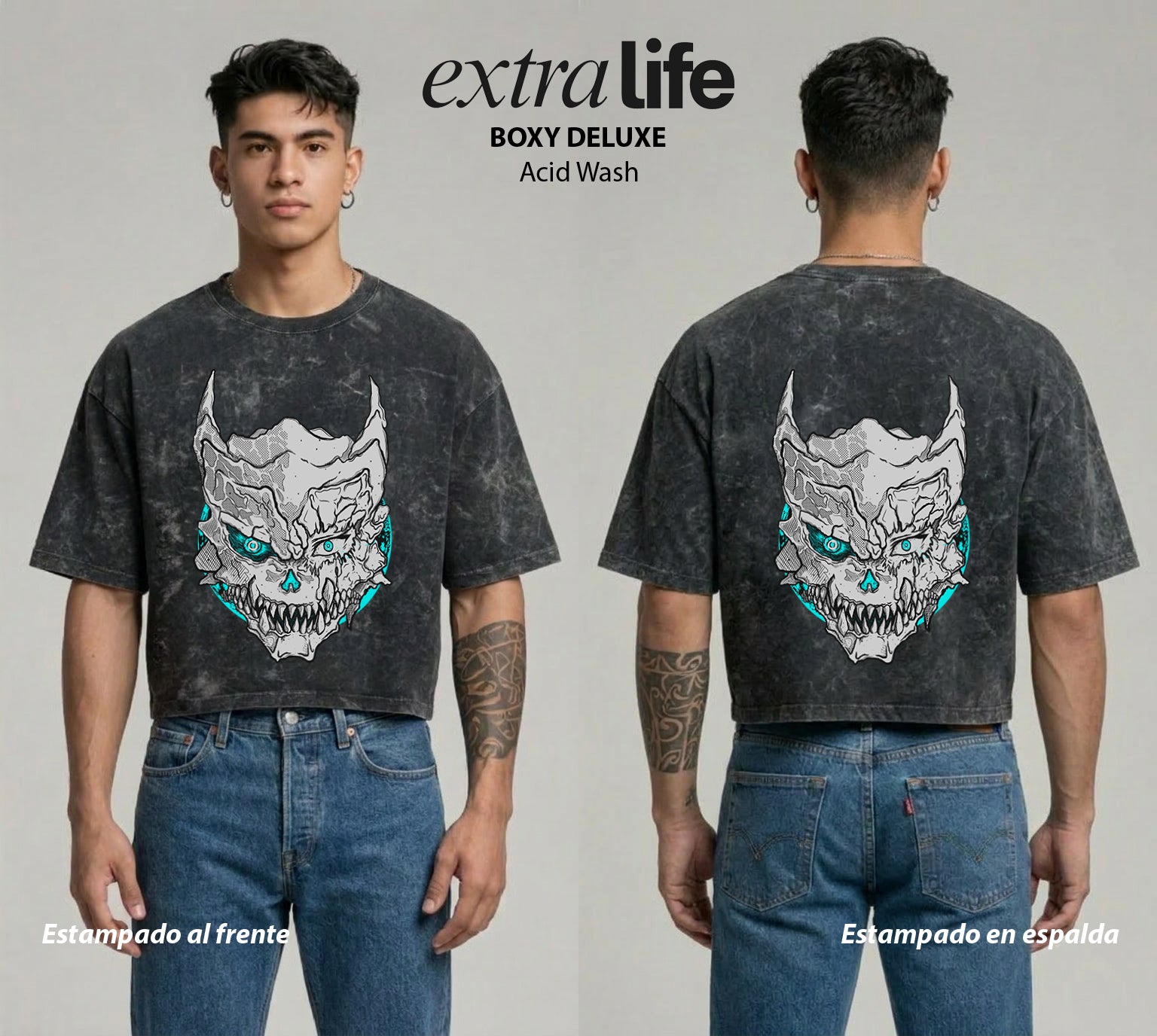 Playera streetwear premium de anime y gaming ExtraLife MX, corte boxy deluxe mineral wash heavyweight en color Acid Wash, moda urbana mexicana de culto.