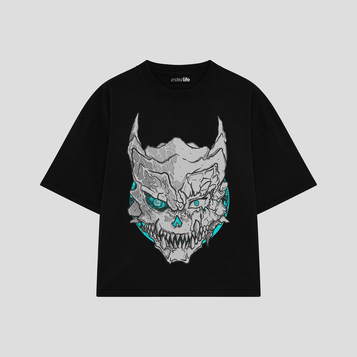Playera streetwear premium de anime y gaming ExtraLife MX, corte oversized drop shoulder ligero y fresco en color Deep Black y Off-White, moda urbana mexicana de culto.