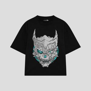 Playera streetwear premium de anime y gaming ExtraLife MX, corte boxy oversized drop shoulder heavyweight en color Deep Black y Off-White, moda urbana mexicana de culto.