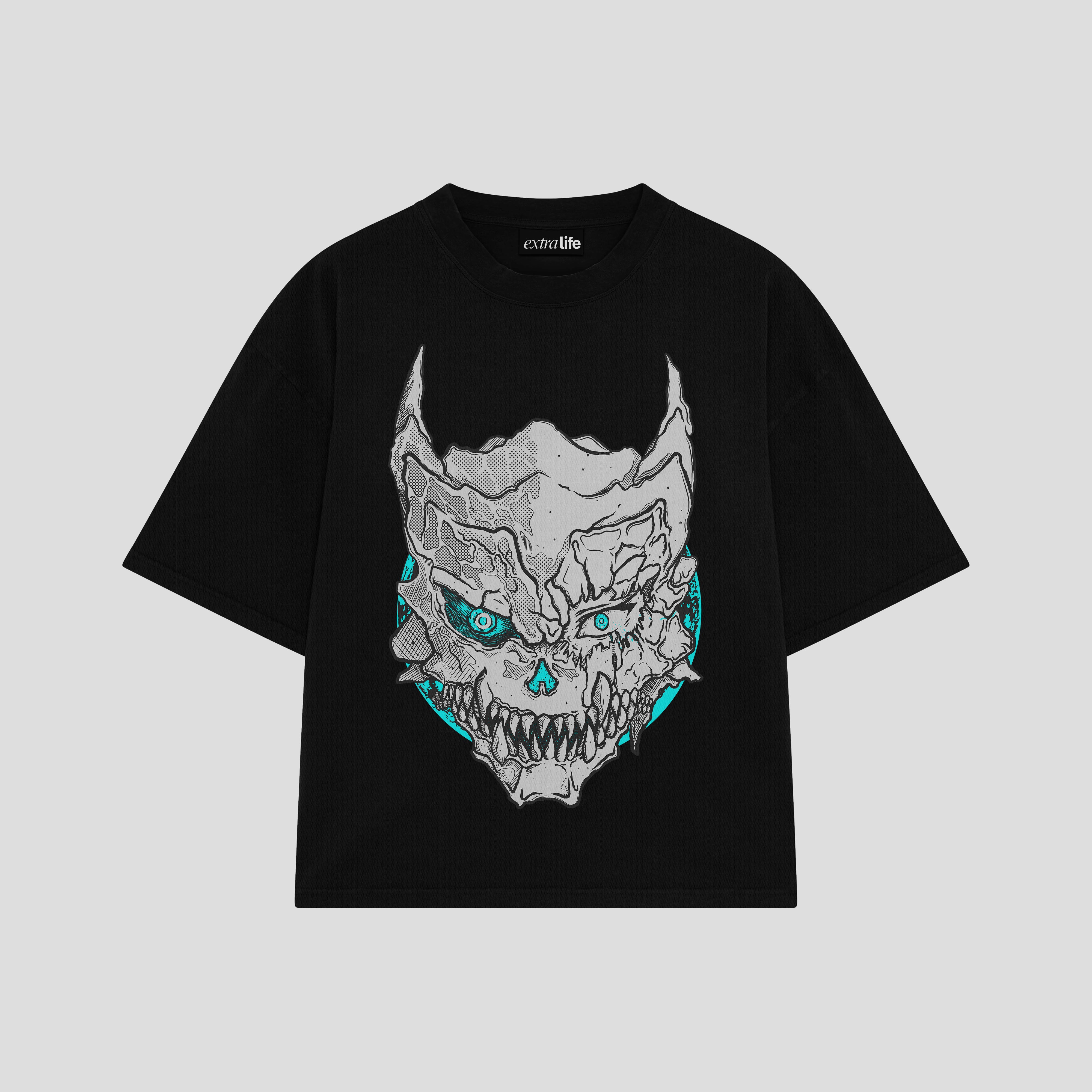 Playera streetwear premium de anime y gaming ExtraLife MX, corte boxy oversized drop shoulder heavyweight en color Deep Black y Off-White, moda urbana mexicana de culto.