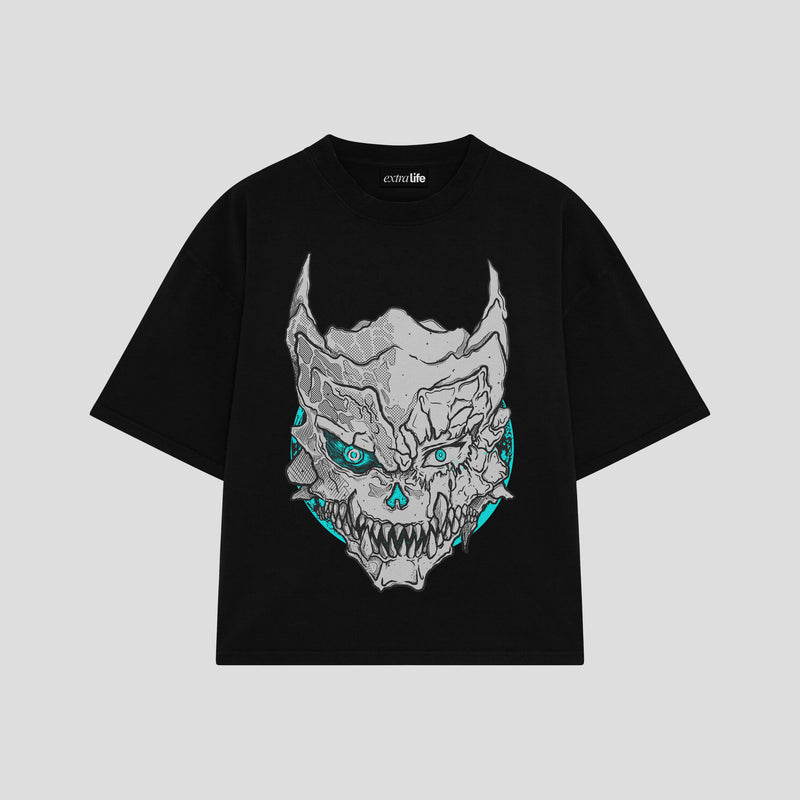 Playera streetwear premium de anime y gaming ExtraLife MX, corte boxy oversized drop shoulder heavyweight en color Deep Black y Off-White, moda urbana mexicana de culto.