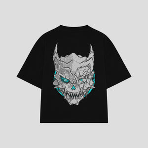 Playera streetwear premium de anime y gaming ExtraLife MX, corte boxy oversized drop shoulder heavyweight en color Deep Black y Off-White, moda urbana mexicana de culto.