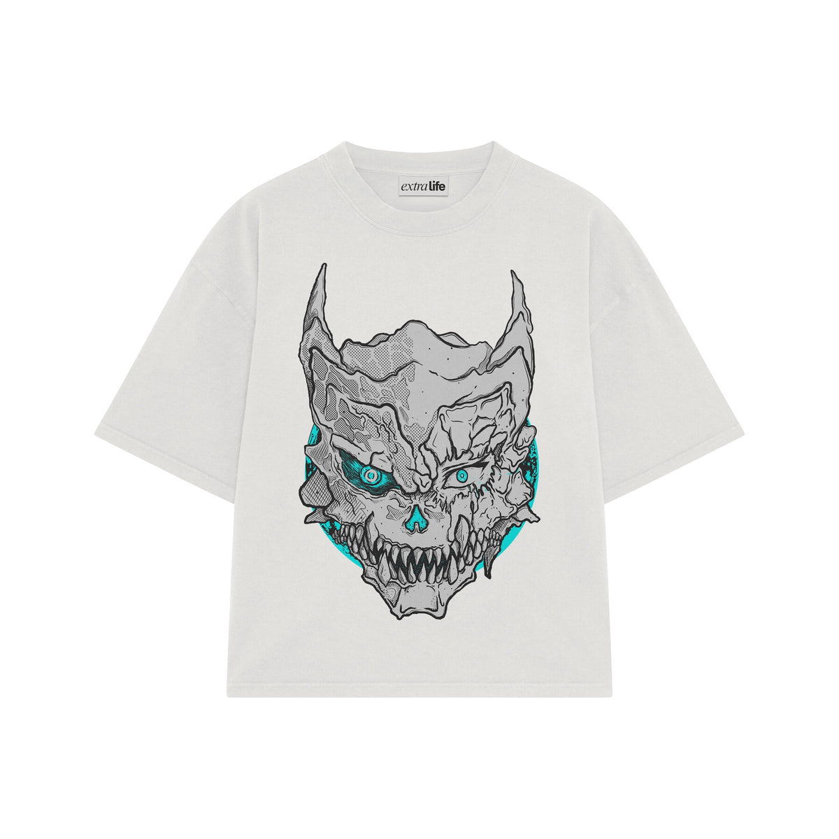 Playera streetwear premium de anime y gaming ExtraLife MX, corte oversized drop shoulder ligero y fresco en color Deep Black y Off-White, moda urbana mexicana de culto.
