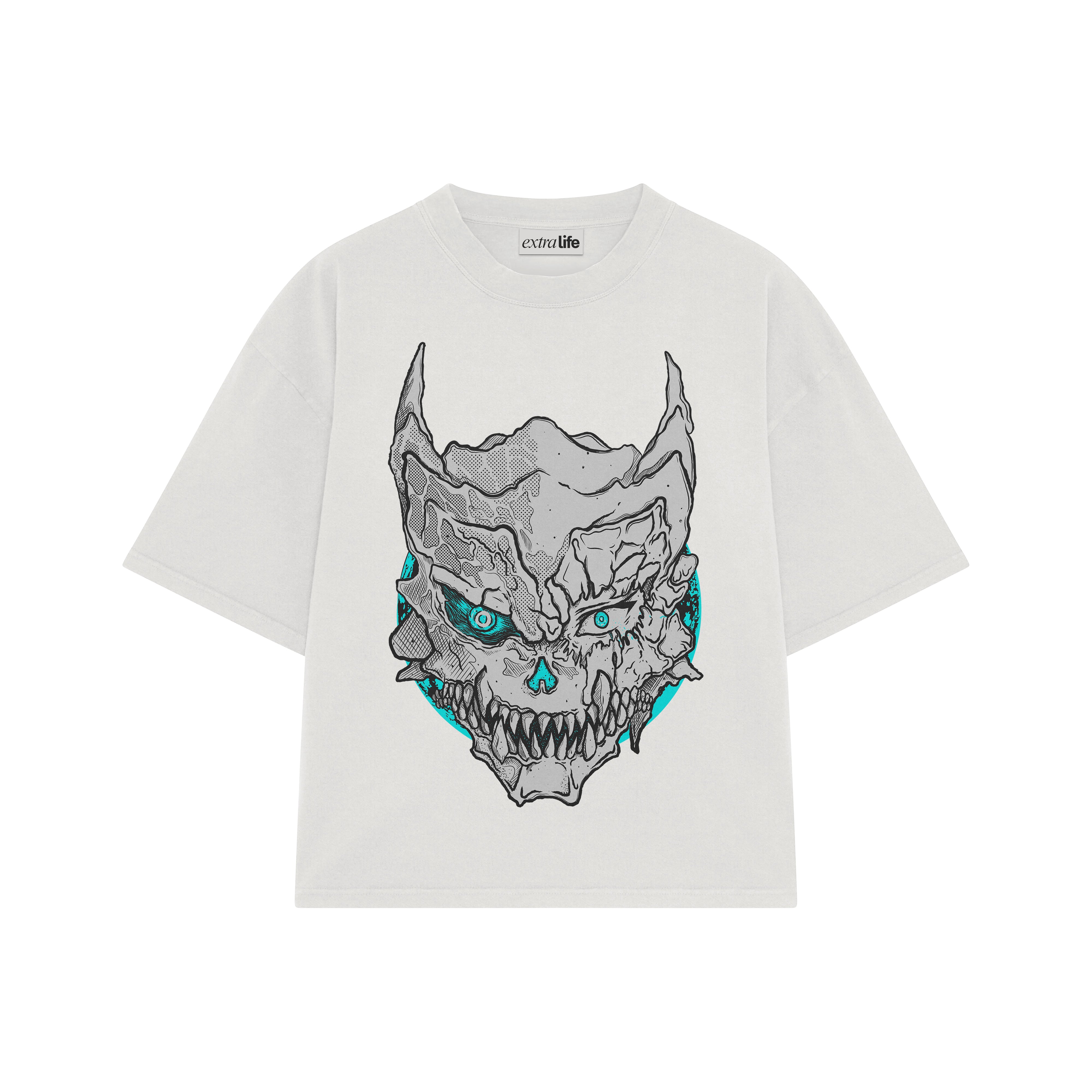 Playera streetwear premium de anime y gaming ExtraLife MX, corte boxy oversized drop shoulder heavyweight en color Deep Black y Off-White, moda urbana mexicana de culto.
