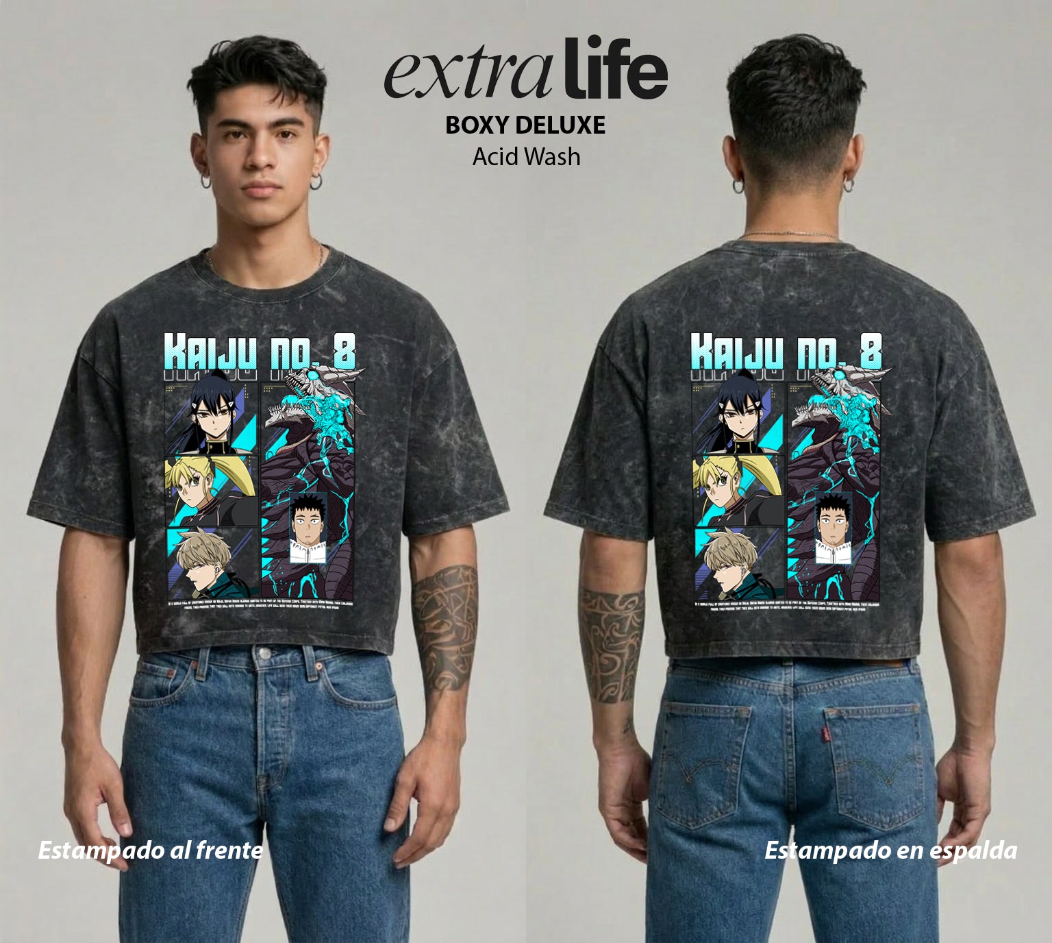 Playera streetwear premium de anime y gaming ExtraLife MX, corte boxy deluxe mineral wash heavyweight en color Acid Wash, moda urbana mexicana de culto.
