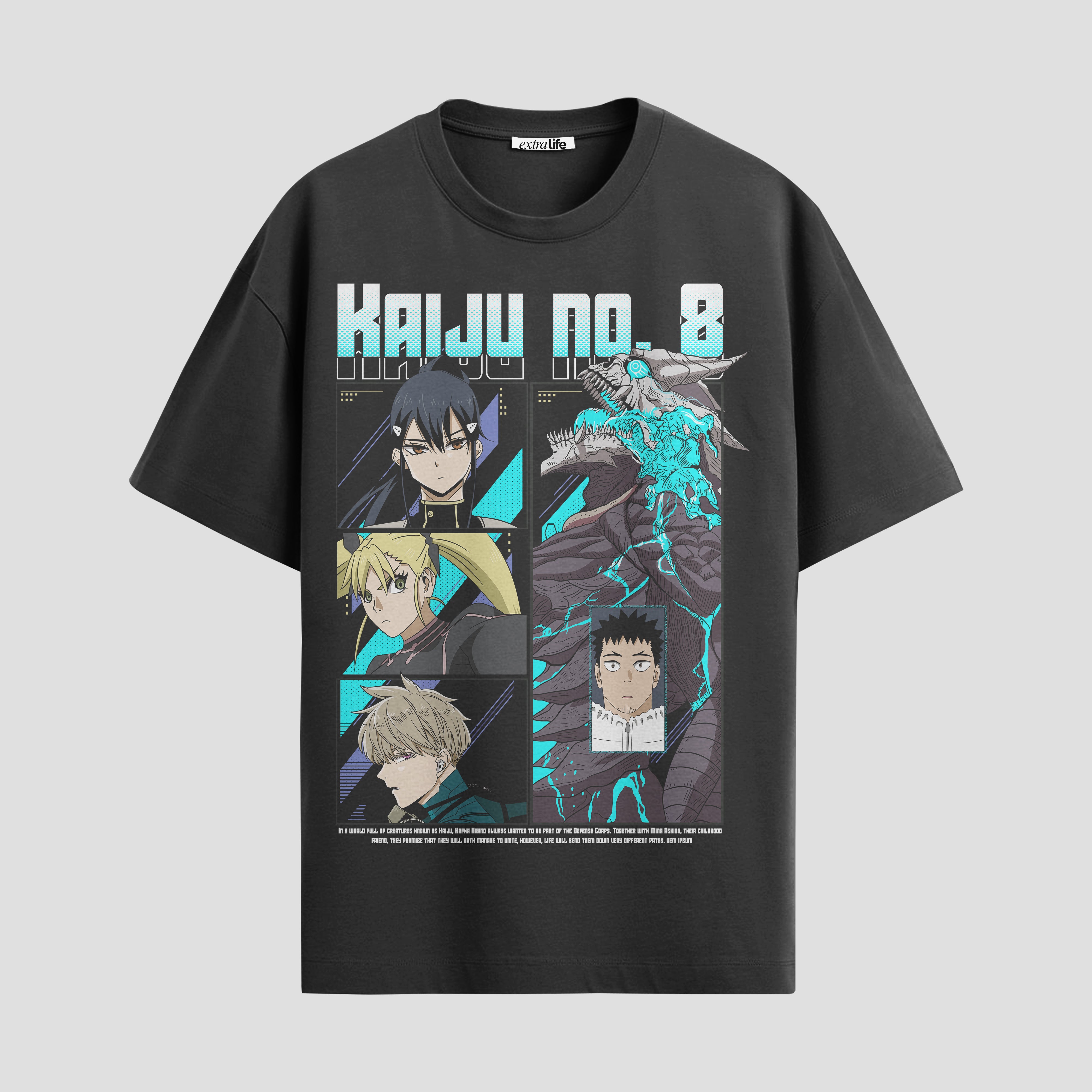 Playera urbana de anime y gaming ExtraLife MX, corte Standard Fit unisex ligero y transpirable en color Deep Black y Pure White, ropa de uso diario para gym y casual.