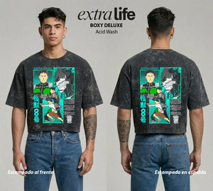 Playera streetwear premium de anime y gaming ExtraLife MX, corte boxy deluxe mineral wash heavyweight en color Acid Wash, moda urbana mexicana de culto.