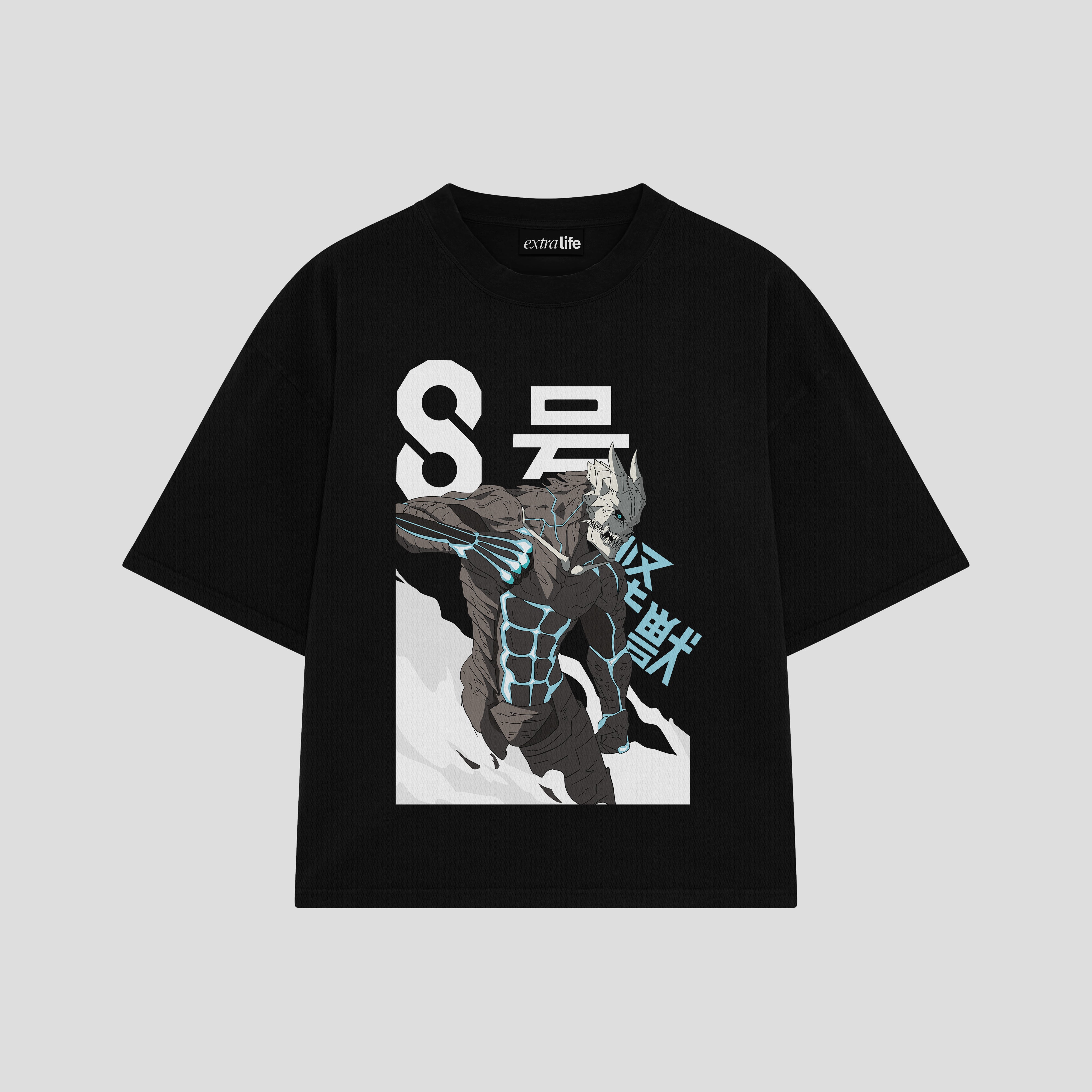 Playera streetwear premium de anime y gaming ExtraLife MX, corte boxy oversized drop shoulder heavyweight en color Deep Black y Off-White, moda urbana mexicana de culto.