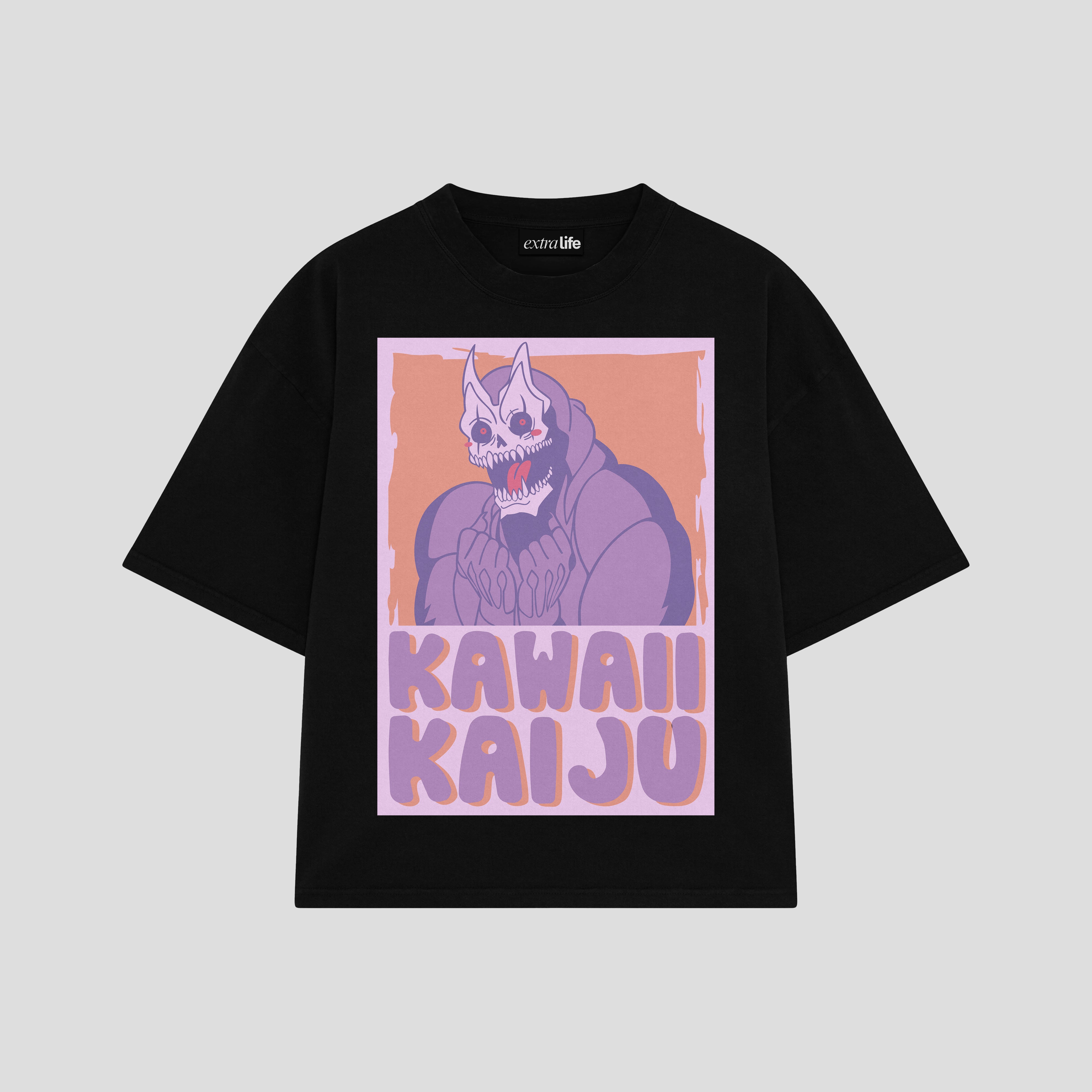 Playera streetwear premium de anime y gaming ExtraLife MX, corte boxy oversized drop shoulder heavyweight en color Deep Black y Off-White, moda urbana mexicana de culto.