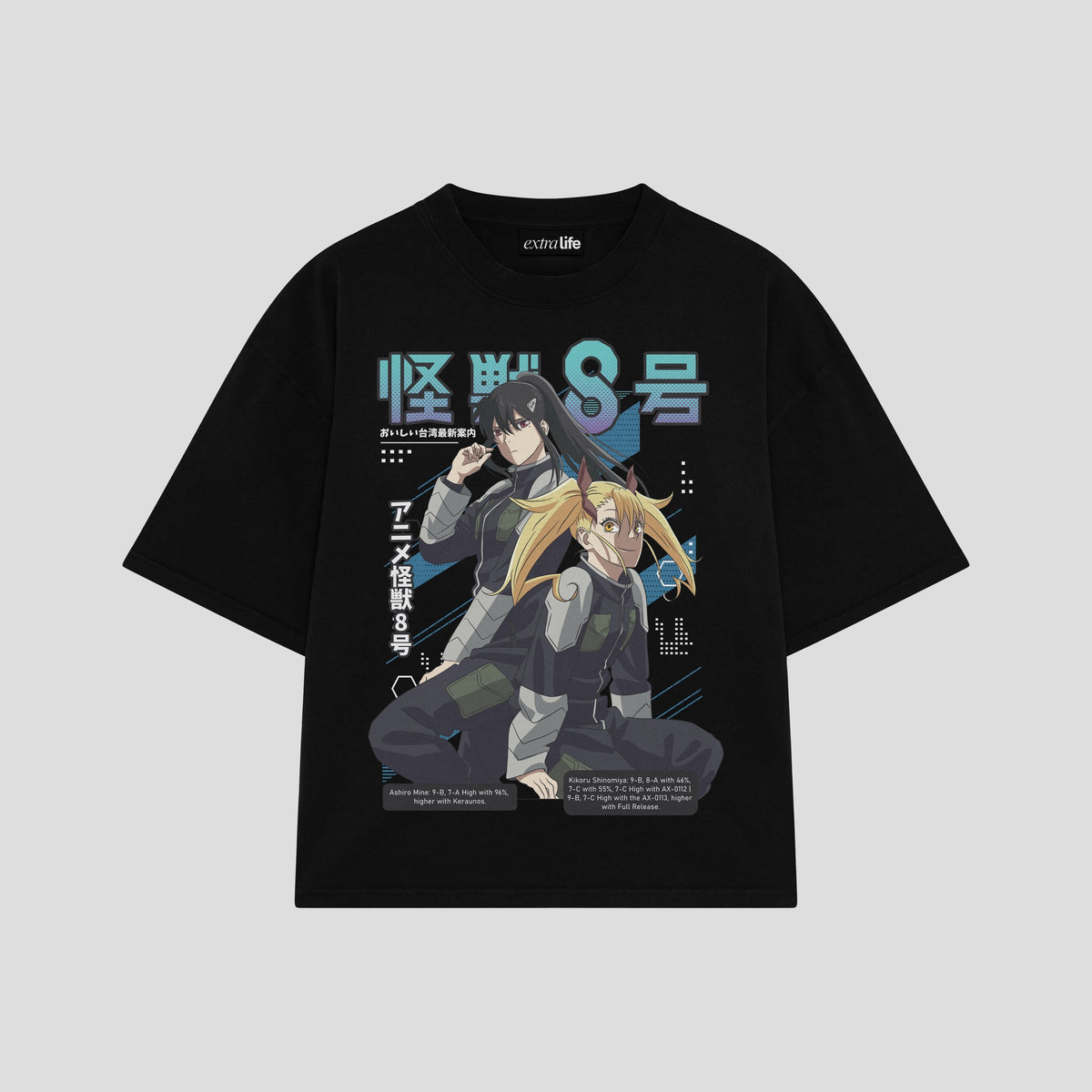Playera streetwear premium de anime y gaming ExtraLife MX, corte oversized drop shoulder ligero y fresco en color Deep Black y Off-White, moda urbana mexicana de culto.