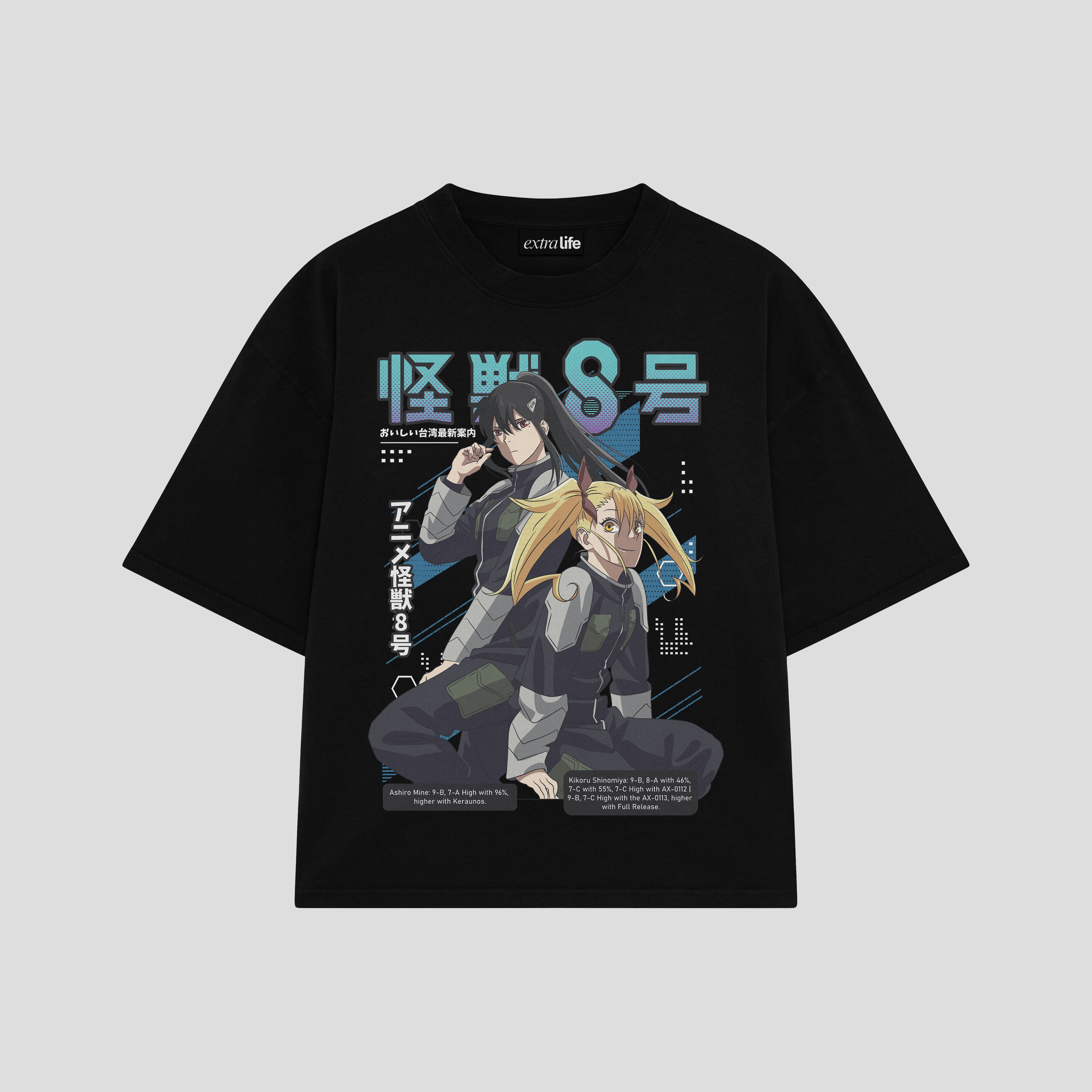 Playera streetwear premium de anime y gaming ExtraLife MX, corte boxy oversized drop shoulder heavyweight en color Deep Black y Off-White, moda urbana mexicana de culto.
