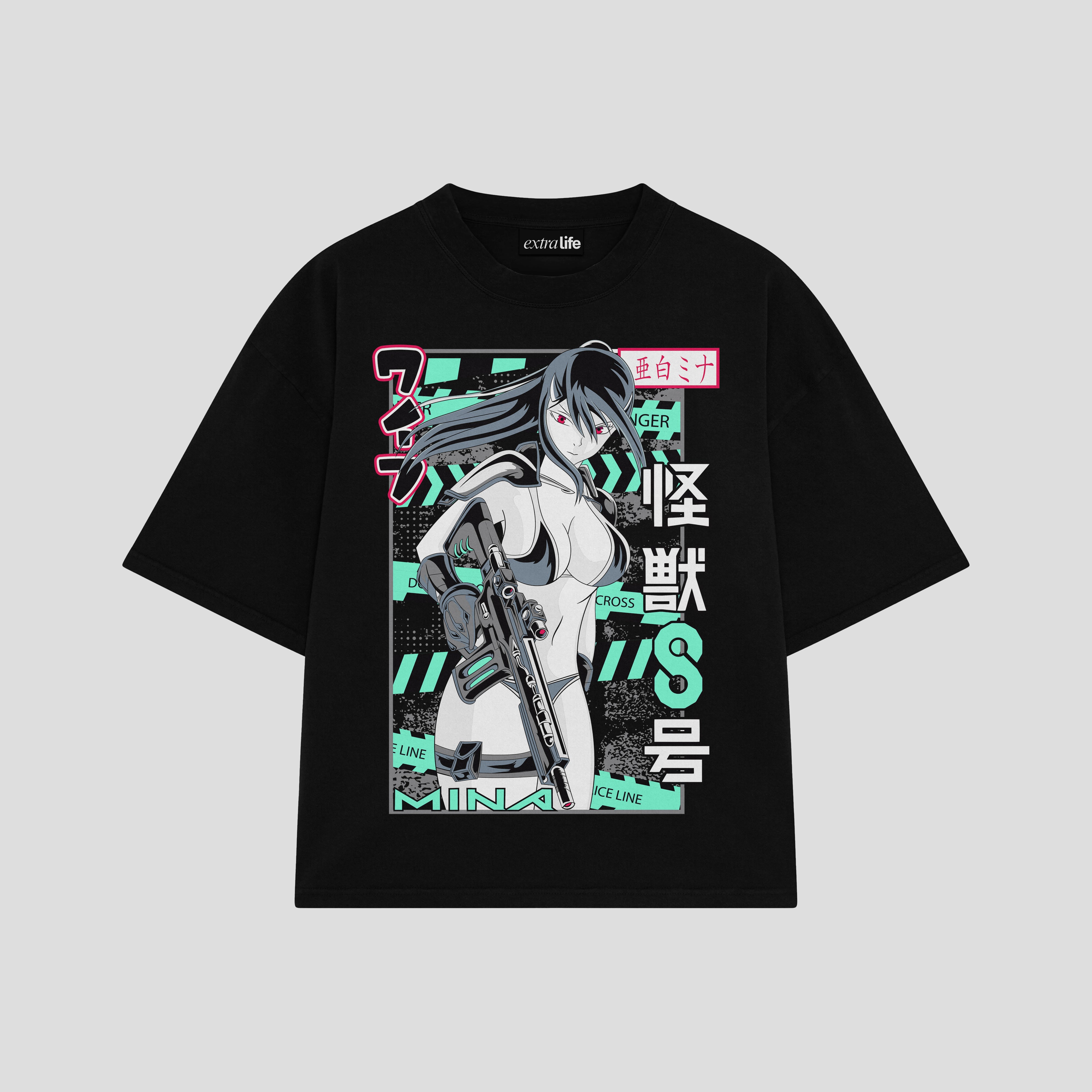Playera streetwear premium de anime y gaming ExtraLife MX, corte boxy oversized drop shoulder heavyweight en color Deep Black y Off-White, moda urbana mexicana de culto.