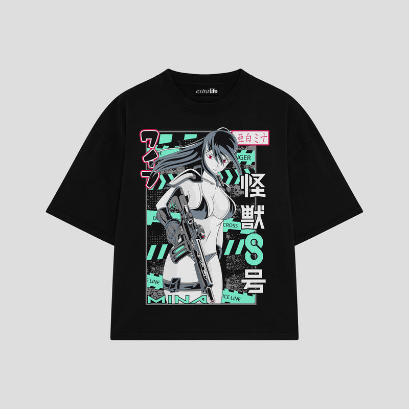Playera streetwear premium de anime y gaming ExtraLife MX, corte boxy oversized drop shoulder heavyweight en color Deep Black y Off-White, moda urbana mexicana de culto.