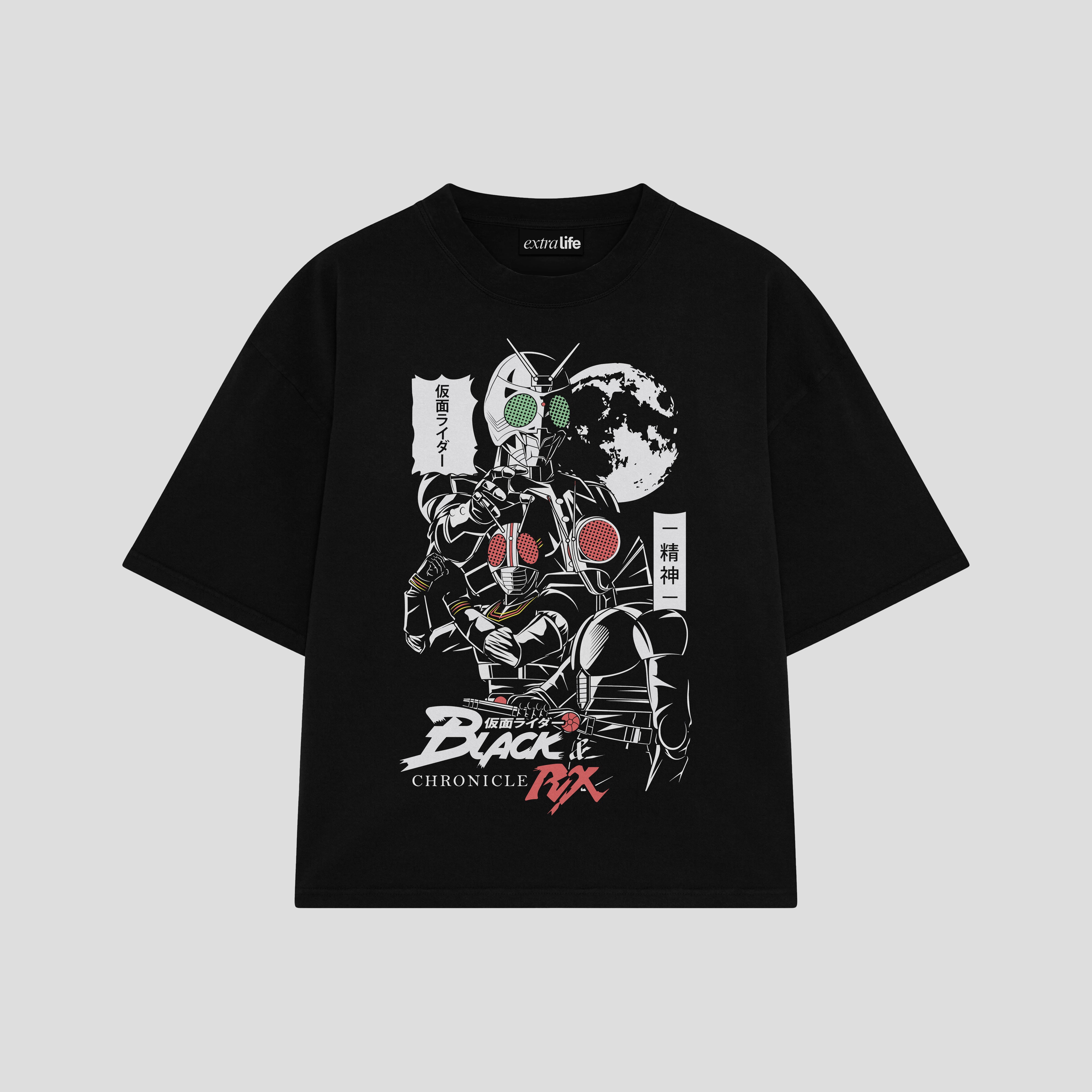 Playera streetwear premium de anime y gaming ExtraLife MX, corte boxy oversized drop shoulder heavyweight en color Deep Black y Off-White, moda urbana mexicana de culto.