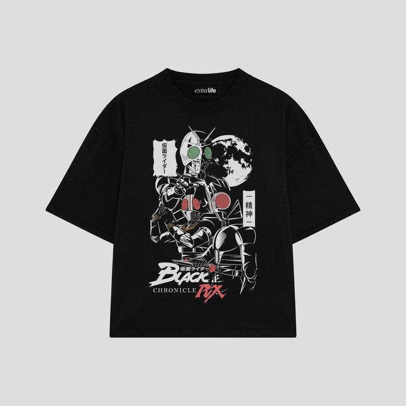 Playera streetwear premium de anime y gaming ExtraLife MX, corte boxy oversized drop shoulder heavyweight en color Deep Black y Off-White, moda urbana mexicana de culto.