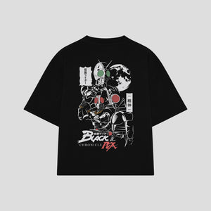 Playera streetwear premium de anime y gaming ExtraLife MX, corte boxy oversized drop shoulder heavyweight en color Deep Black y Off-White, moda urbana mexicana de culto.