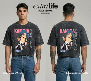 Playera streetwear premium de anime y gaming ExtraLife MX, corte boxy deluxe mineral wash heavyweight en color Acid Wash, moda urbana mexicana de culto.