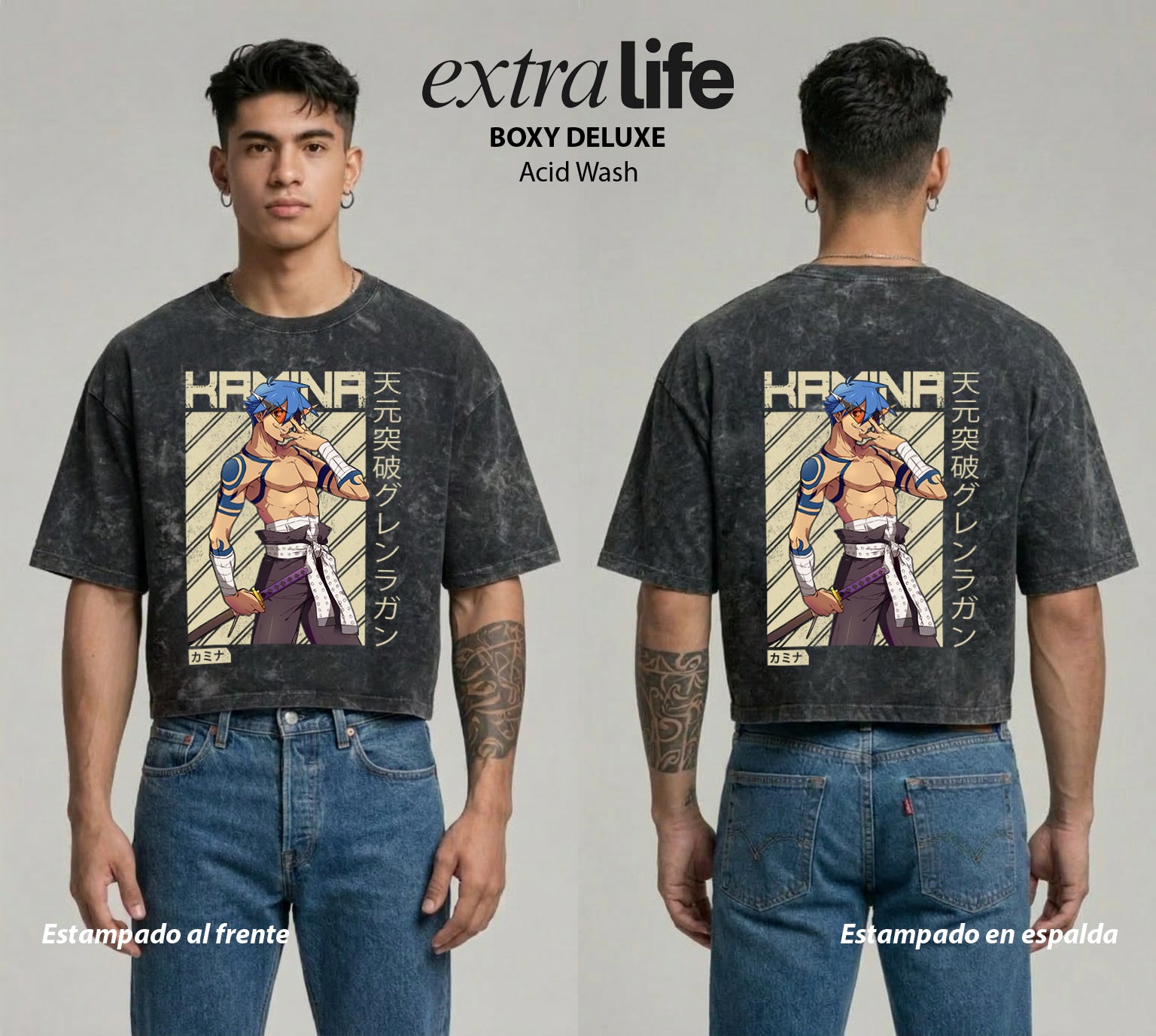 Playera streetwear premium de anime y gaming ExtraLife MX, corte boxy deluxe mineral wash heavyweight en color Acid Wash, moda urbana mexicana de culto.