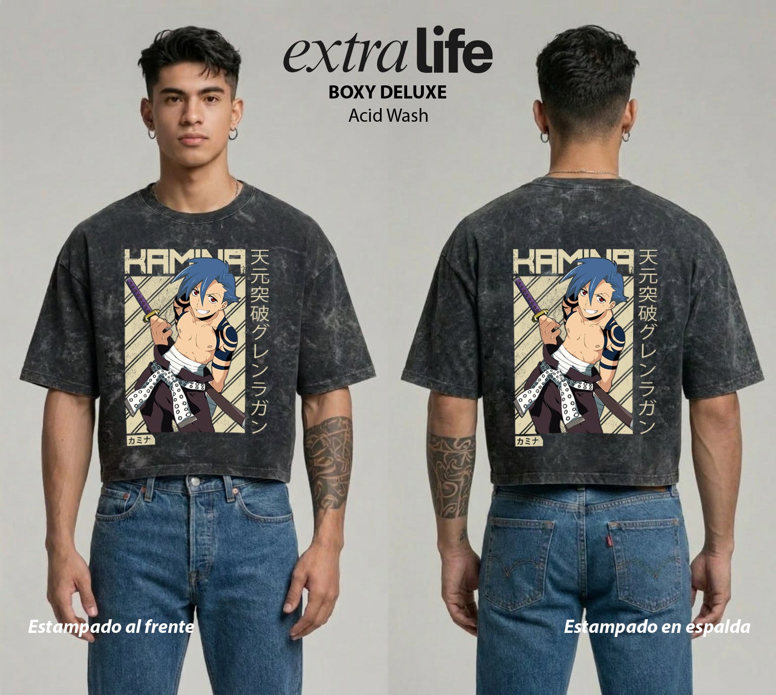 Playera streetwear premium de anime y gaming ExtraLife MX, corte boxy deluxe mineral wash heavyweight en color Acid Wash, moda urbana mexicana de culto.