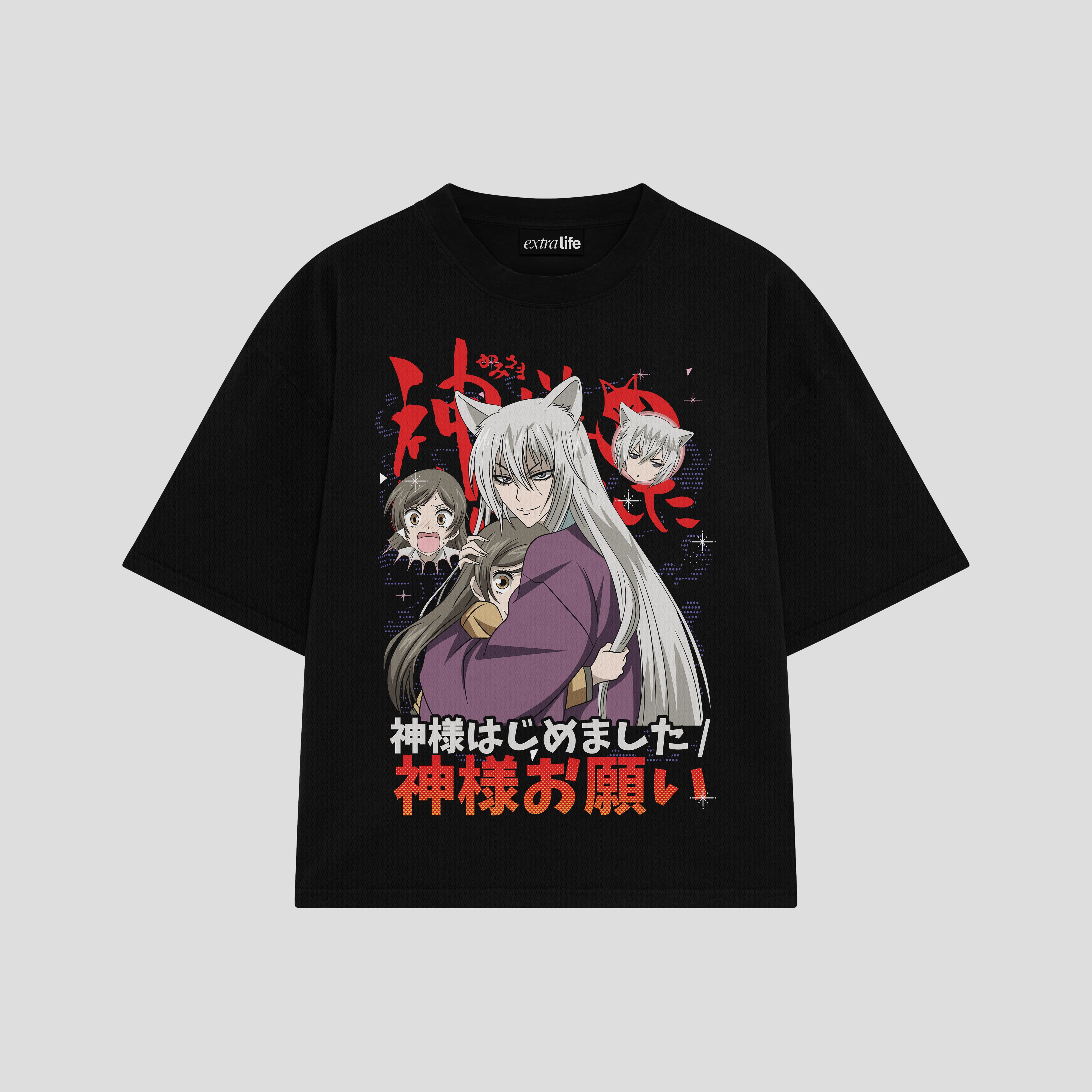 Playera streetwear premium de anime y gaming ExtraLife MX, corte boxy oversized drop shoulder heavyweight en color Deep Black y Off-White, moda urbana mexicana de culto.