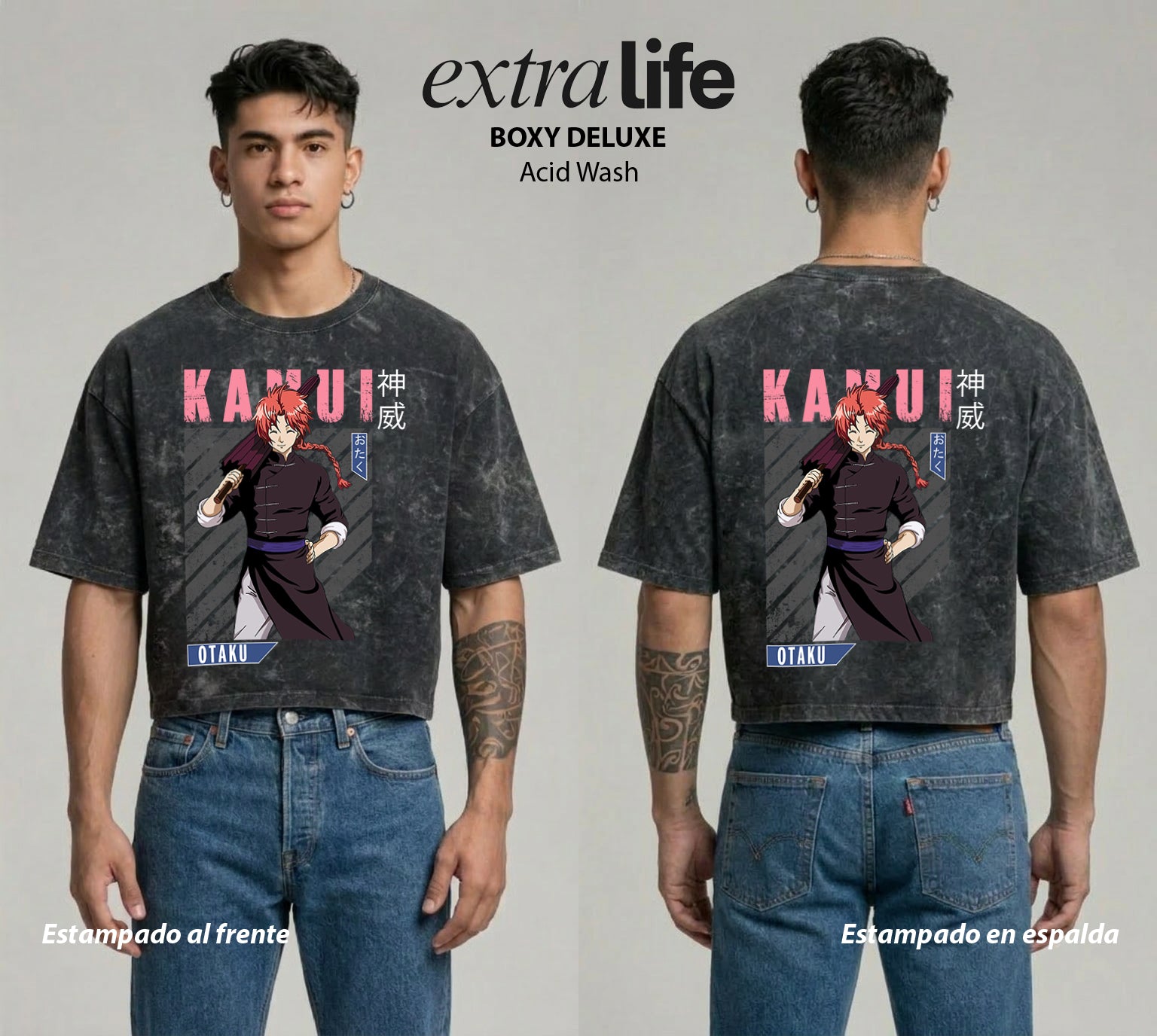 Playera streetwear premium de anime y gaming ExtraLife MX, corte boxy deluxe mineral wash heavyweight en color Acid Wash, moda urbana mexicana de culto.
