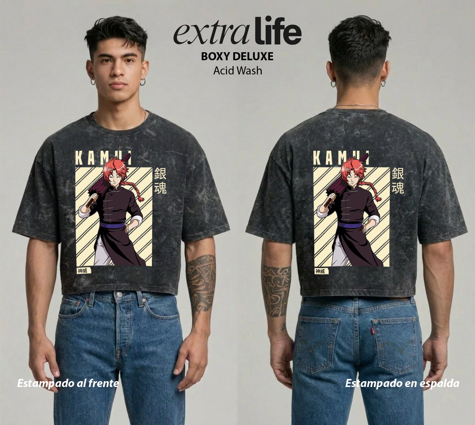 Playera streetwear premium de anime y gaming ExtraLife MX, corte boxy deluxe mineral wash heavyweight en color Acid Wash, moda urbana mexicana de culto.