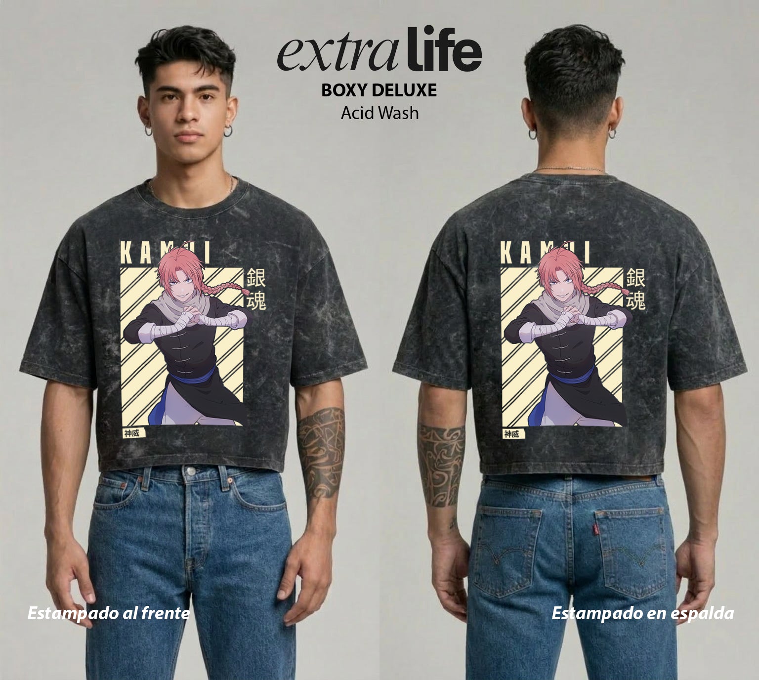 Playera streetwear premium de anime y gaming ExtraLife MX, corte boxy deluxe mineral wash heavyweight en color Acid Wash, moda urbana mexicana de culto.