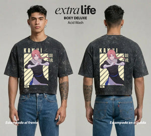 Playera streetwear premium de anime y gaming ExtraLife MX, corte boxy deluxe mineral wash heavyweight en color Acid Wash, moda urbana mexicana de culto.