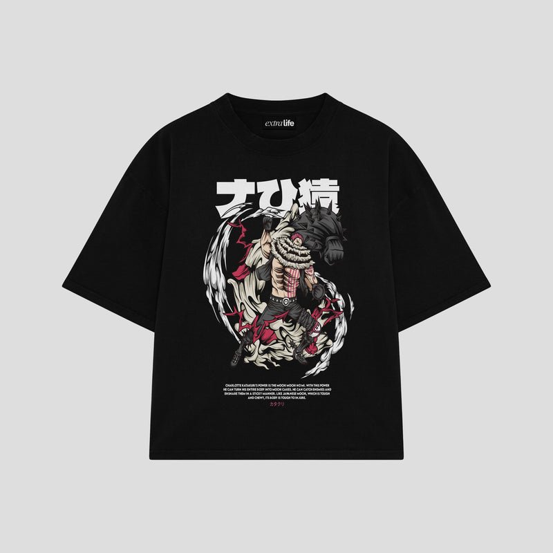 Playera streetwear premium de anime y gaming ExtraLife MX, corte boxy oversized drop shoulder heavyweight en color Deep Black y Off-White, moda urbana mexicana de culto.