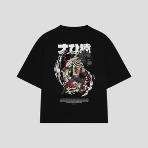 Playera streetwear premium de anime y gaming ExtraLife MX, corte boxy oversized drop shoulder heavyweight en color Deep Black y Off-White, moda urbana mexicana de culto.