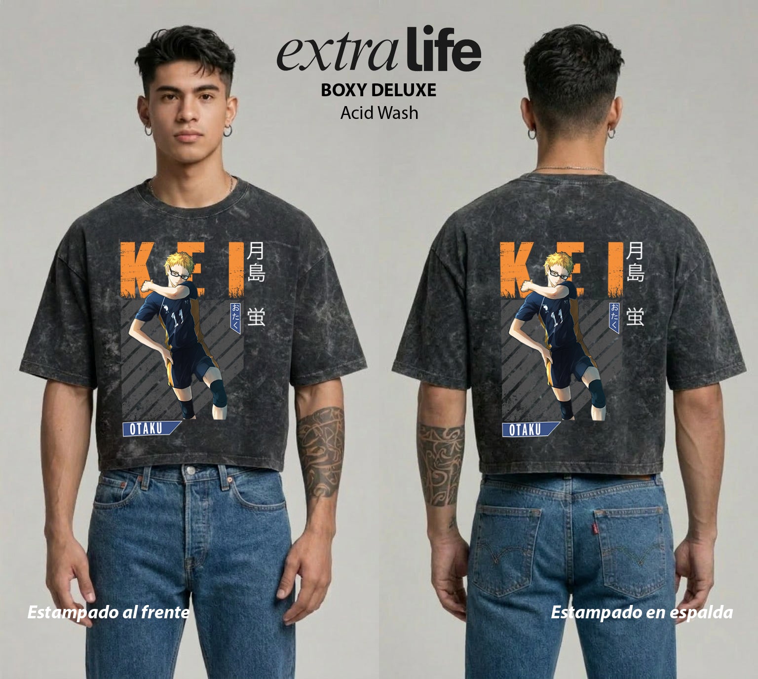 Playera streetwear premium de anime y gaming ExtraLife MX, corte boxy deluxe mineral wash heavyweight en color Acid Wash, moda urbana mexicana de culto.