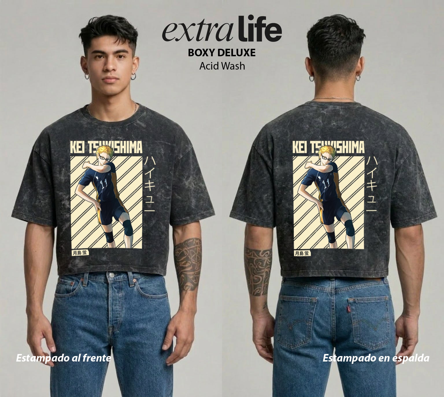 Playera streetwear premium de anime y gaming ExtraLife MX, corte boxy deluxe mineral wash heavyweight en color Acid Wash, moda urbana mexicana de culto.