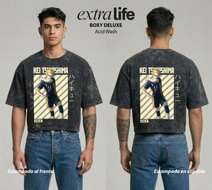 Playera streetwear premium de anime y gaming ExtraLife MX, corte boxy deluxe mineral wash heavyweight en color Acid Wash, moda urbana mexicana de culto.
