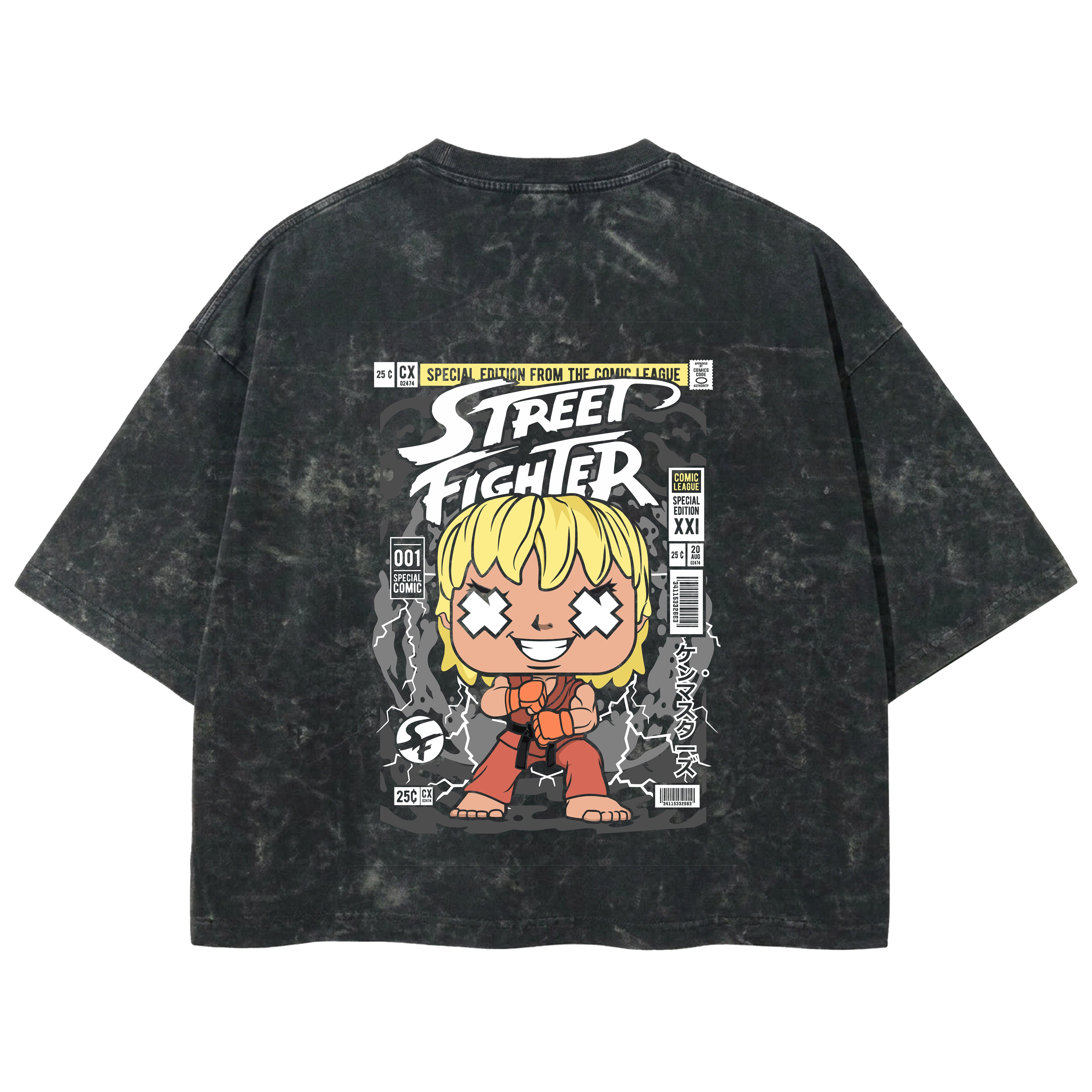 Playera streetwear premium de anime y gaming ExtraLife MX, corte boxy deluxe mineral wash heavyweight en color Acid Wash, moda urbana mexicana de culto.
