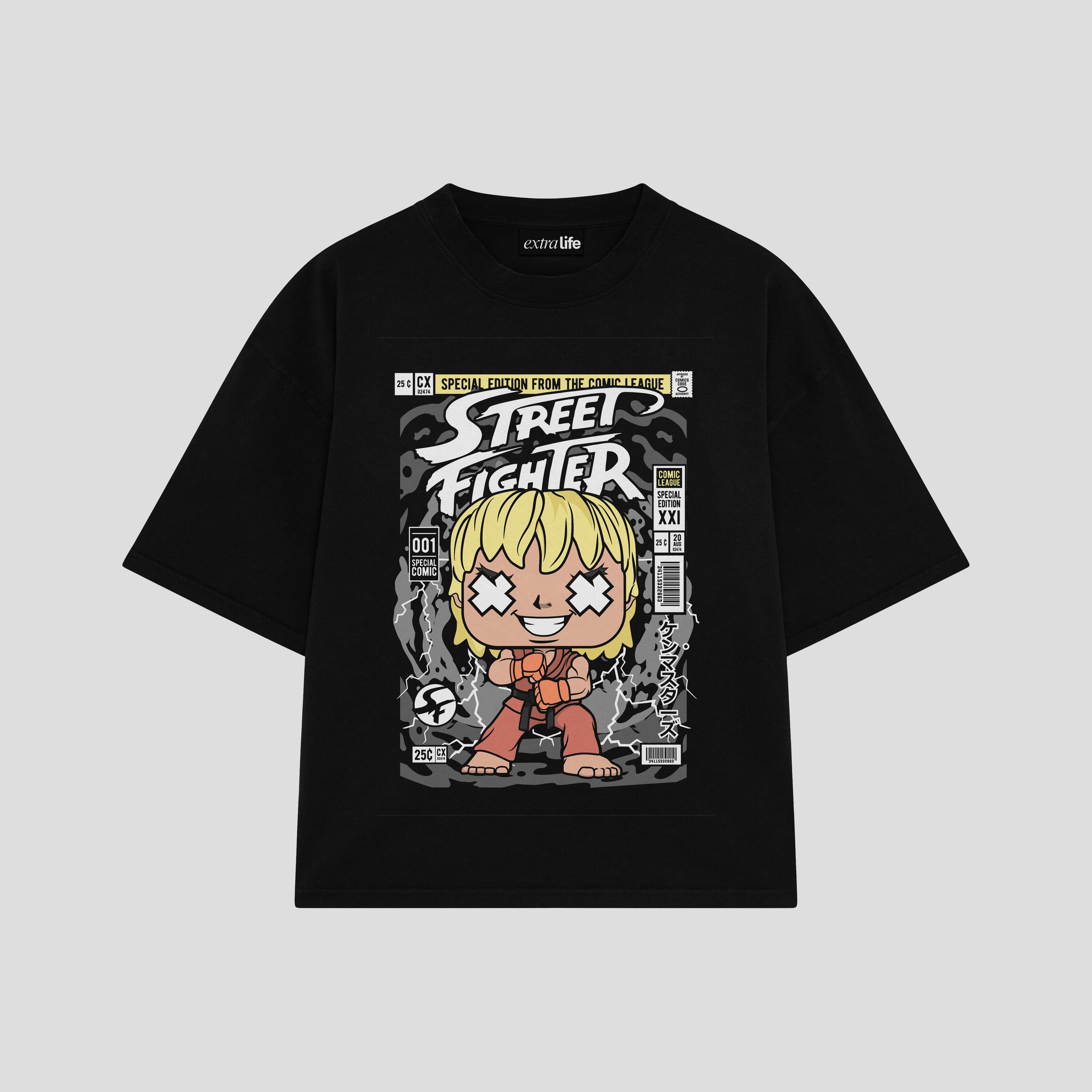 Playera streetwear premium de anime y gaming ExtraLife MX, corte boxy oversized drop shoulder heavyweight en color Deep Black y Off-White, moda urbana mexicana de culto.