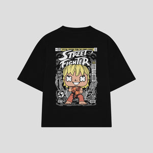 Playera streetwear premium de anime y gaming ExtraLife MX, corte boxy oversized drop shoulder heavyweight en color Deep Black y Off-White, moda urbana mexicana de culto.