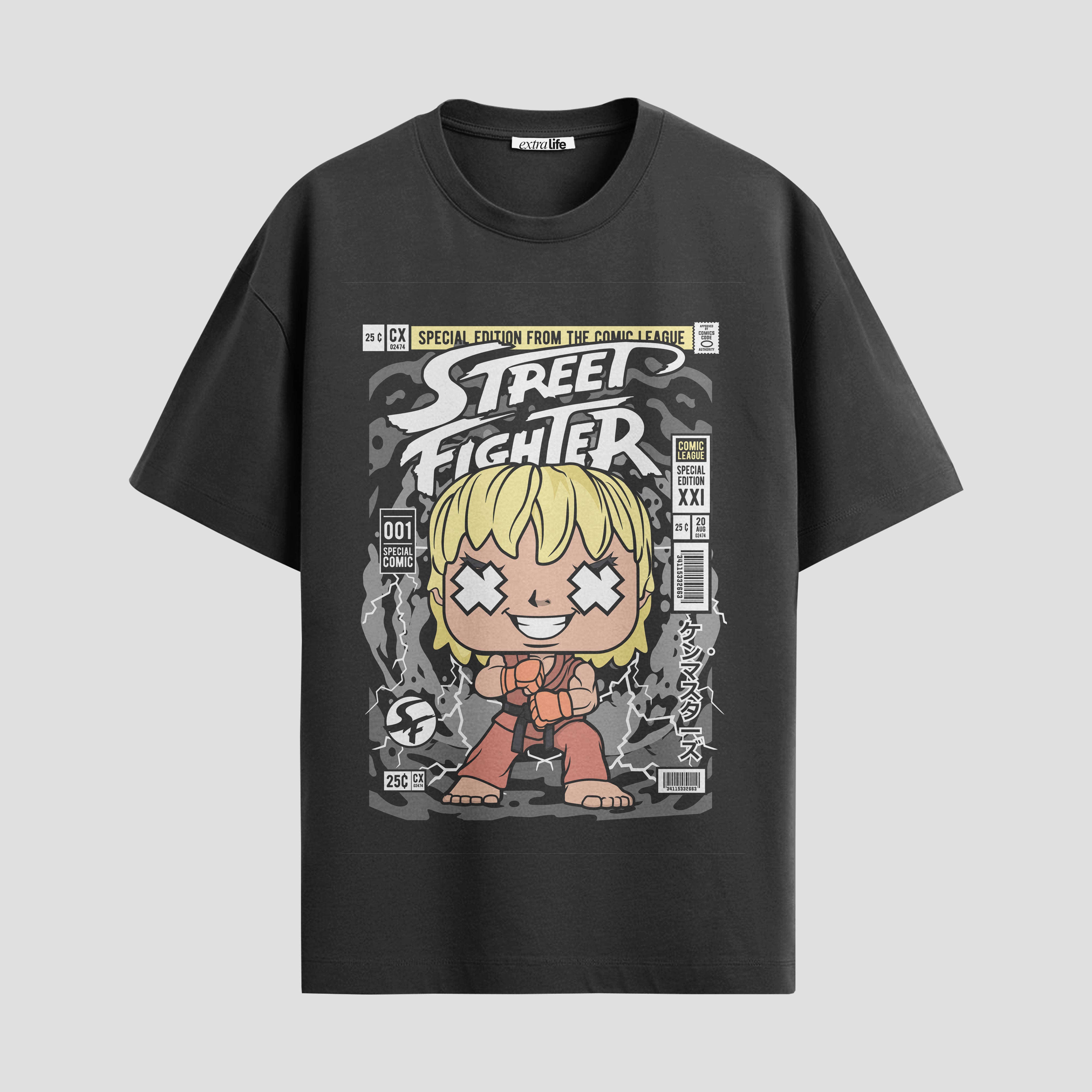 Playera urbana de anime y gaming ExtraLife MX, corte Standard Fit unisex ligero y transpirable en color Deep Black y Pure White, ropa de uso diario para gym y casual.