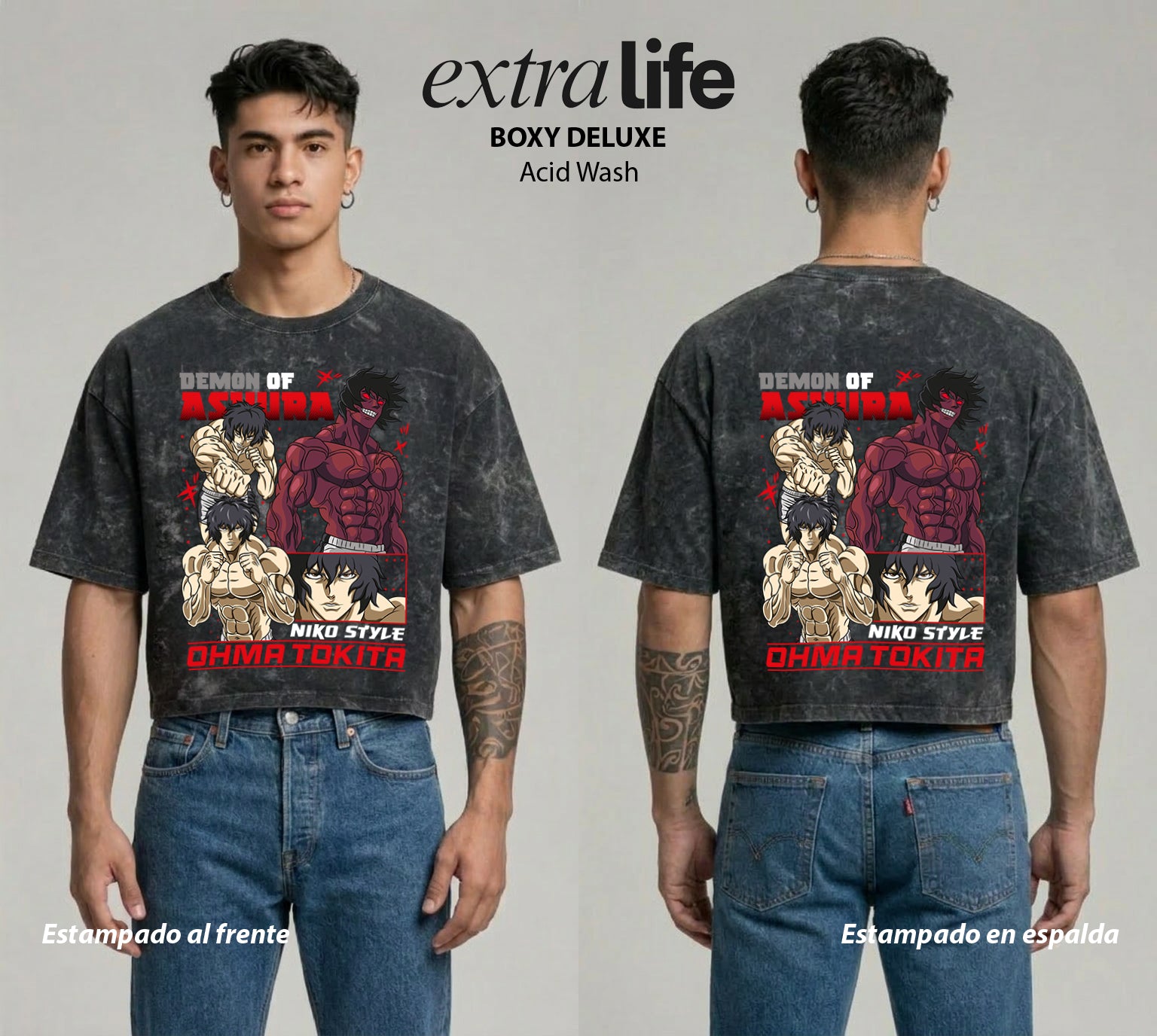 Playera streetwear premium de anime y gaming ExtraLife MX, corte boxy deluxe mineral wash heavyweight en color Acid Wash, moda urbana mexicana de culto.