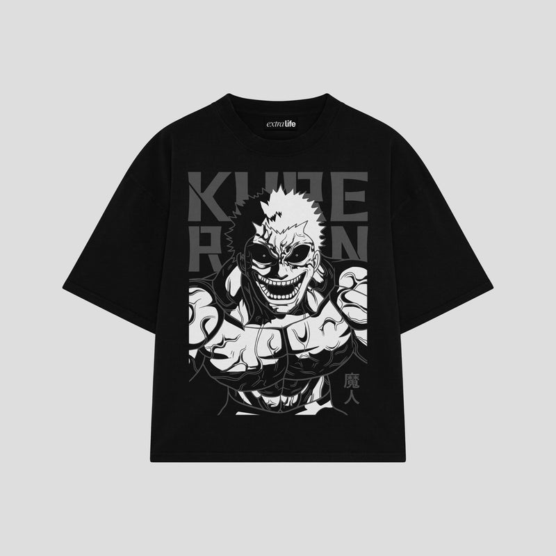 Playera streetwear premium de anime y gaming ExtraLife MX, corte boxy oversized drop shoulder heavyweight en color Deep Black y Off-White, moda urbana mexicana de culto.