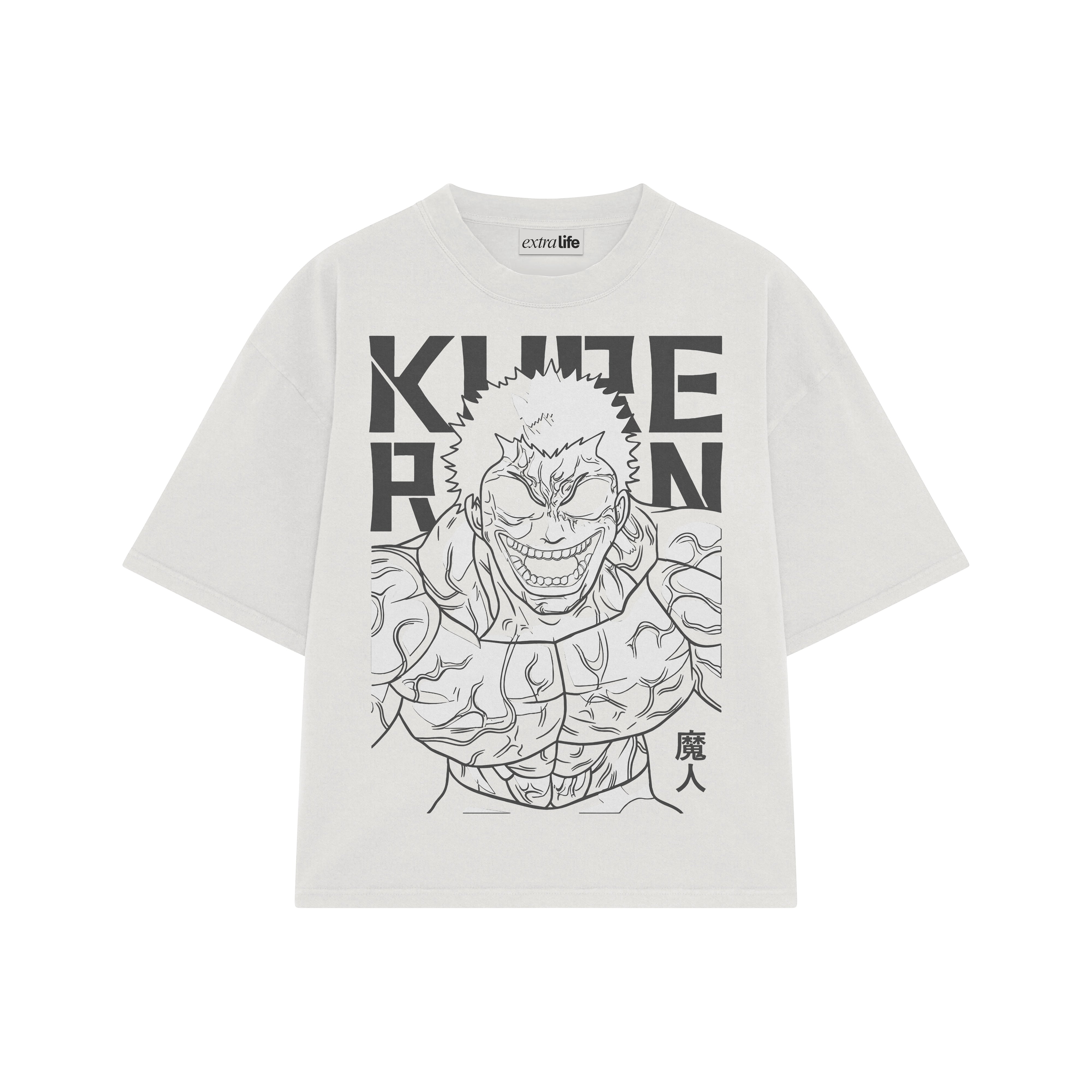 Playera streetwear premium de anime y gaming ExtraLife MX, corte boxy oversized drop shoulder heavyweight en color Deep Black y Off-White, moda urbana mexicana de culto.