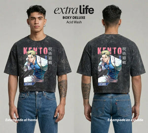 Playera streetwear premium de anime y gaming ExtraLife MX, corte boxy deluxe mineral wash heavyweight en color Acid Wash, moda urbana mexicana de culto.