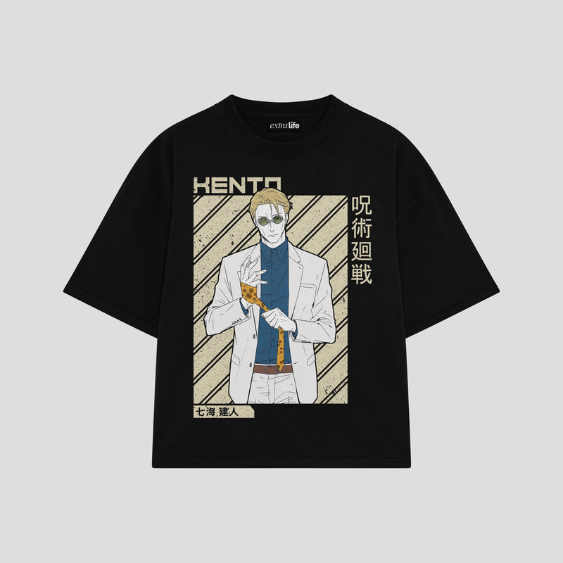 Playera streetwear premium de anime y gaming ExtraLife MX, corte boxy oversized drop shoulder heavyweight en color Deep Black y Off-White, moda urbana mexicana de culto.