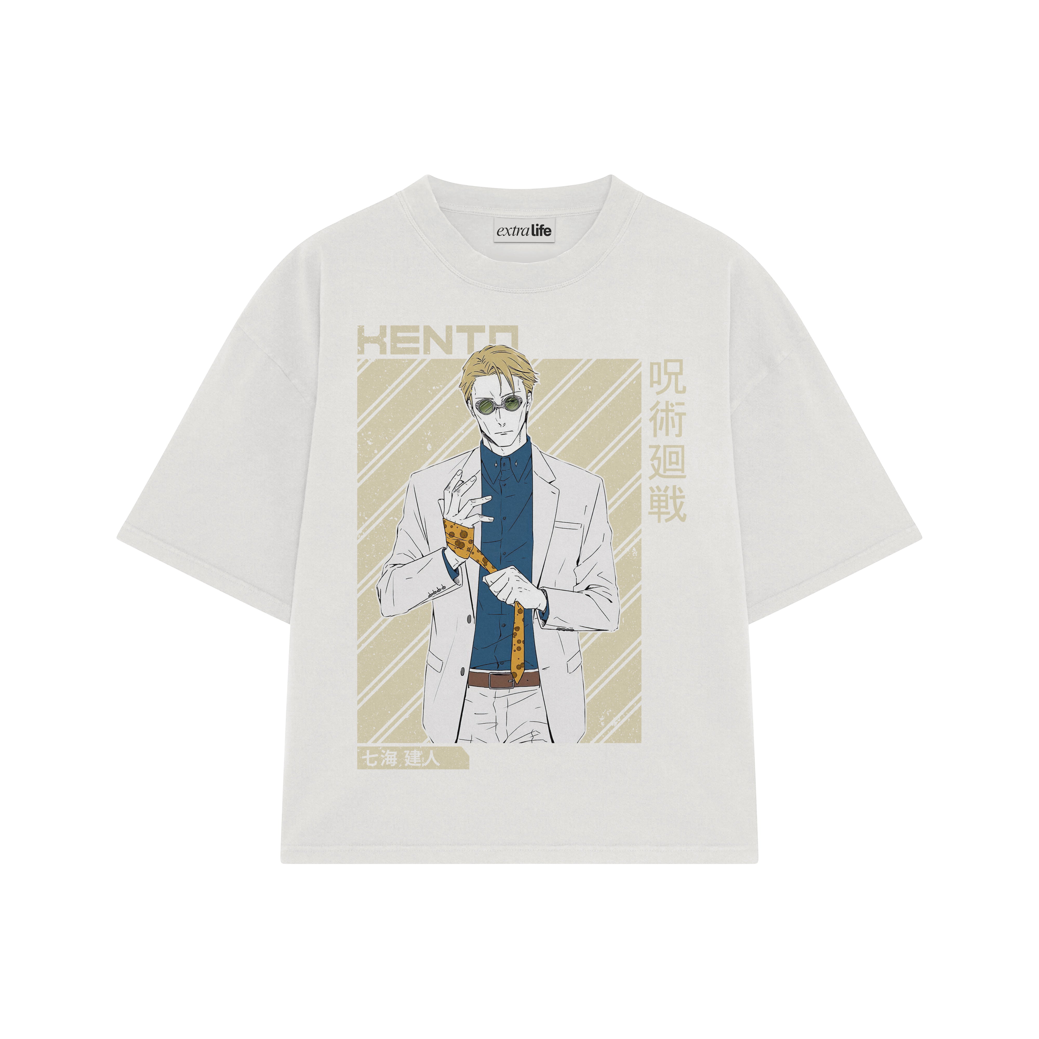 Playera streetwear premium de anime y gaming ExtraLife MX, corte boxy oversized drop shoulder heavyweight en color Deep Black y Off-White, moda urbana mexicana de culto.