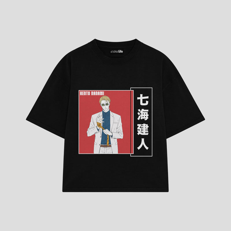 Playera streetwear premium de anime y gaming ExtraLife MX, corte boxy oversized drop shoulder heavyweight en color Deep Black y Off-White, moda urbana mexicana de culto.