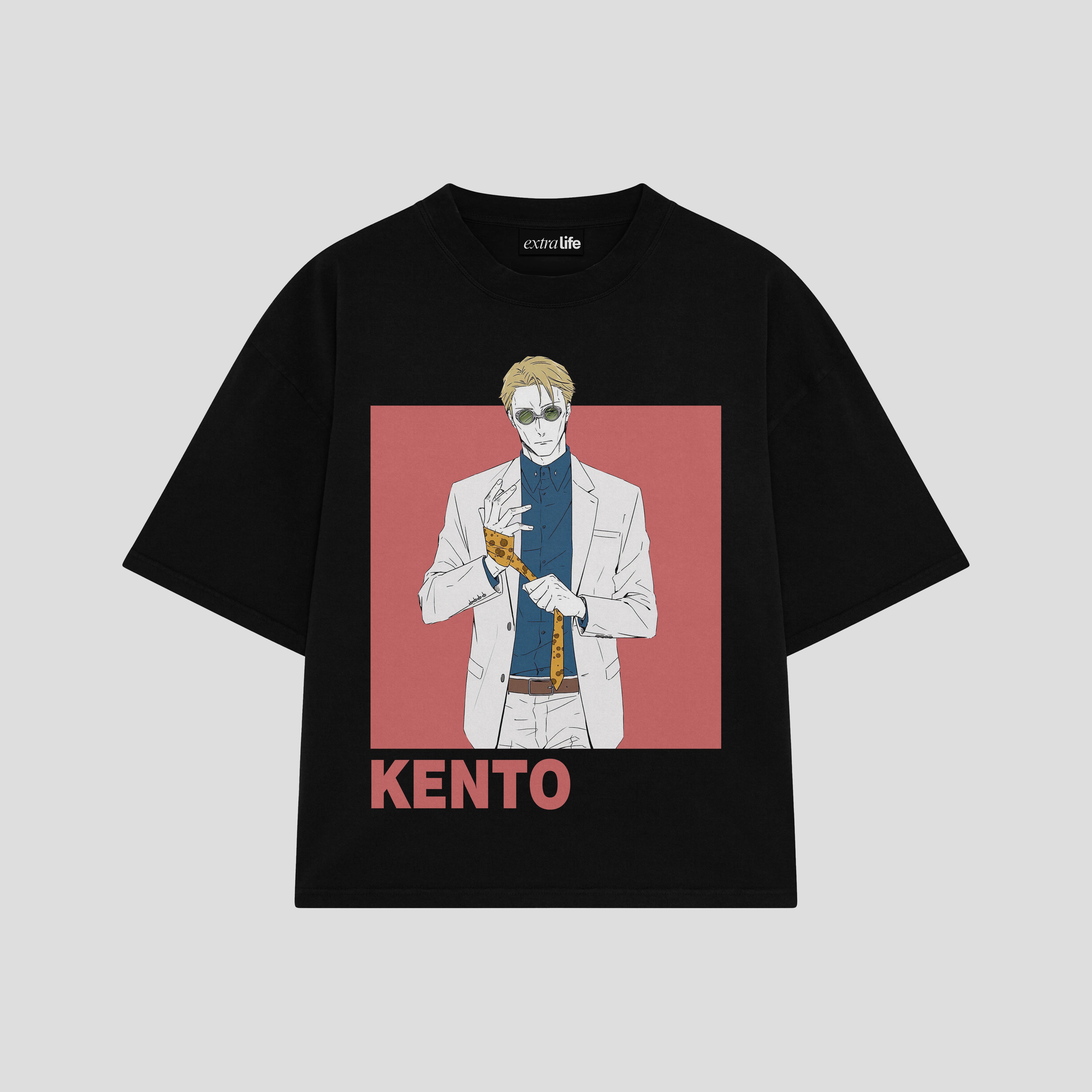 Playera streetwear premium de anime y gaming ExtraLife MX, corte boxy oversized drop shoulder heavyweight en color Deep Black y Off-White, moda urbana mexicana de culto.