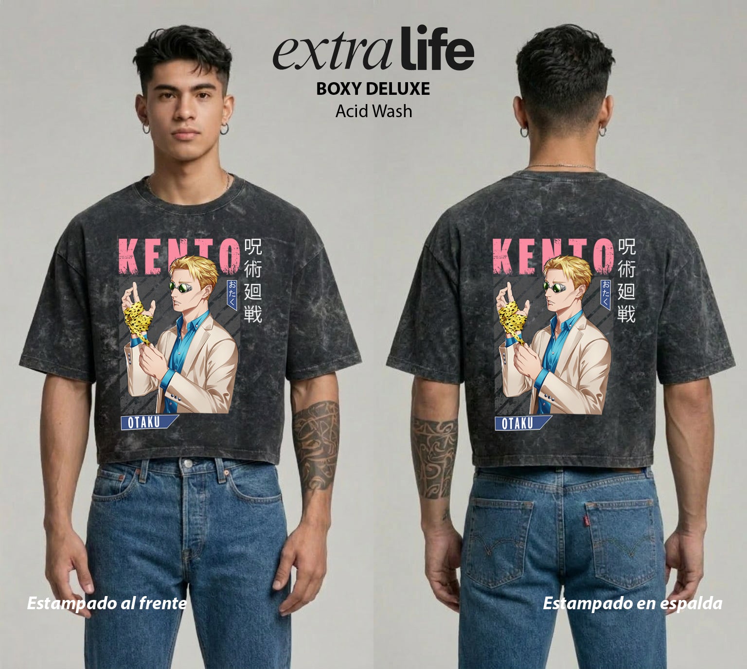 Playera streetwear premium de anime y gaming ExtraLife MX, corte boxy deluxe mineral wash heavyweight en color Acid Wash, moda urbana mexicana de culto.