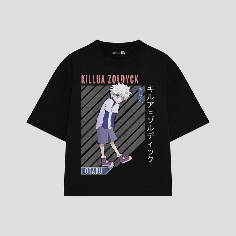 Playera streetwear premium de anime y gaming ExtraLife MX, corte boxy oversized drop shoulder heavyweight en color Deep Black y Off-White, moda urbana mexicana de culto.
