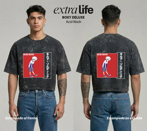 Playera streetwear premium de anime y gaming ExtraLife MX, corte boxy deluxe mineral wash heavyweight en color Acid Wash, moda urbana mexicana de culto.